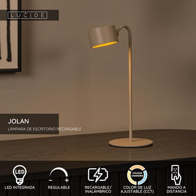 Lucide JOLAN - Lámpara de escritorio Recargable/Lámpara de pinza/Aplique de pared - Batería/acumulador - LED Dim to warm - 1x3,5W 2700K/5700K - Taupe